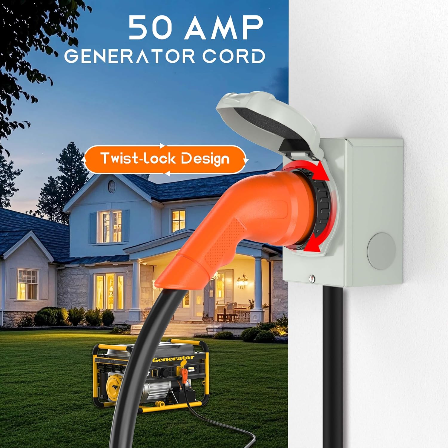 50 Amp 50 Feet RV/Generator Cord with 135° Designed Handle and Twist Locking Connector, Heavy Duty 6/3+8/1 Gauge STW Wire, 14-50P Male and SS2-50R Female for RV Camper and Generator to House