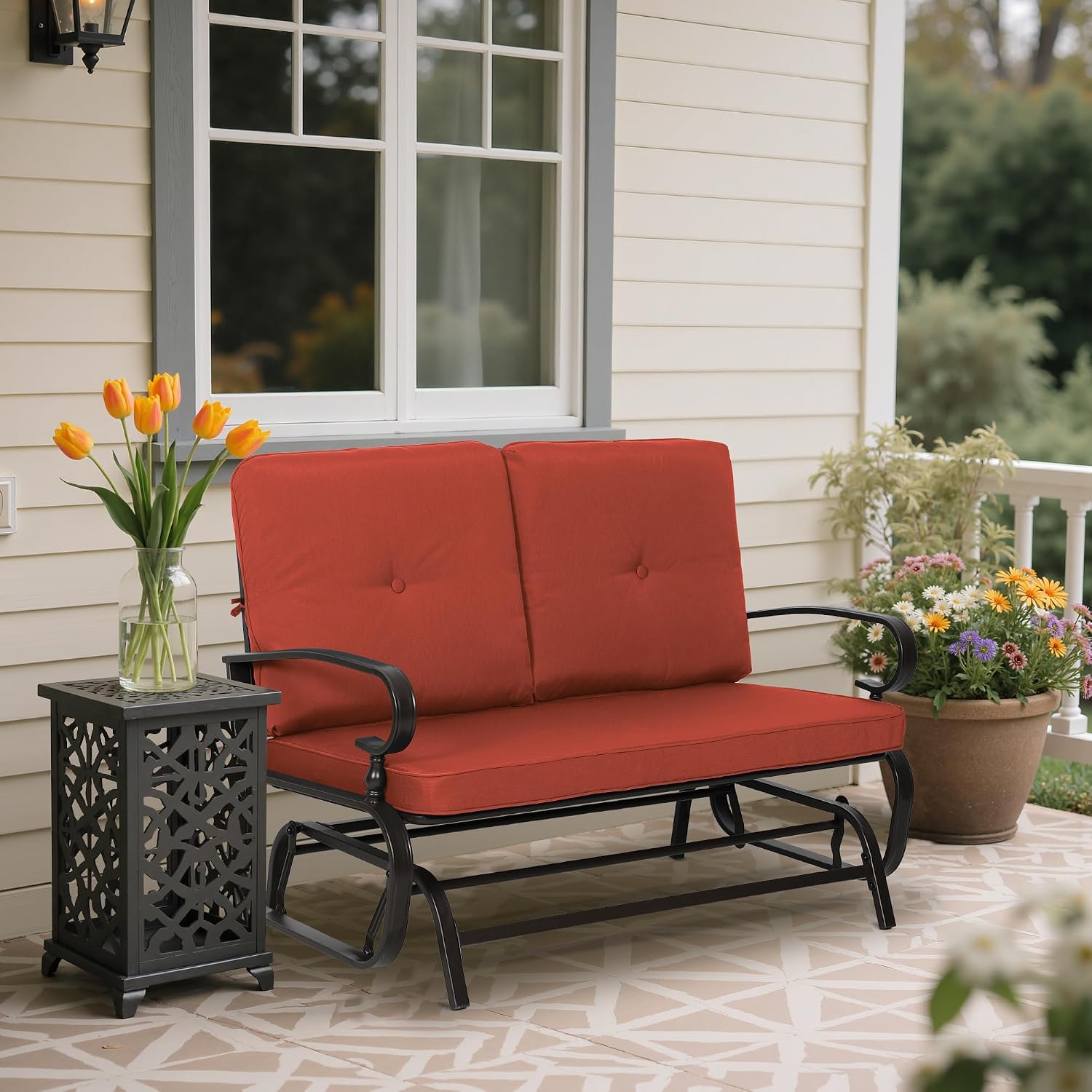 Outdoor Bench Patio Swing Glider Loveseat 2 Seats Rocking Chair, Wrought Iron Gliders for Outside Patio with Cushion (Red)