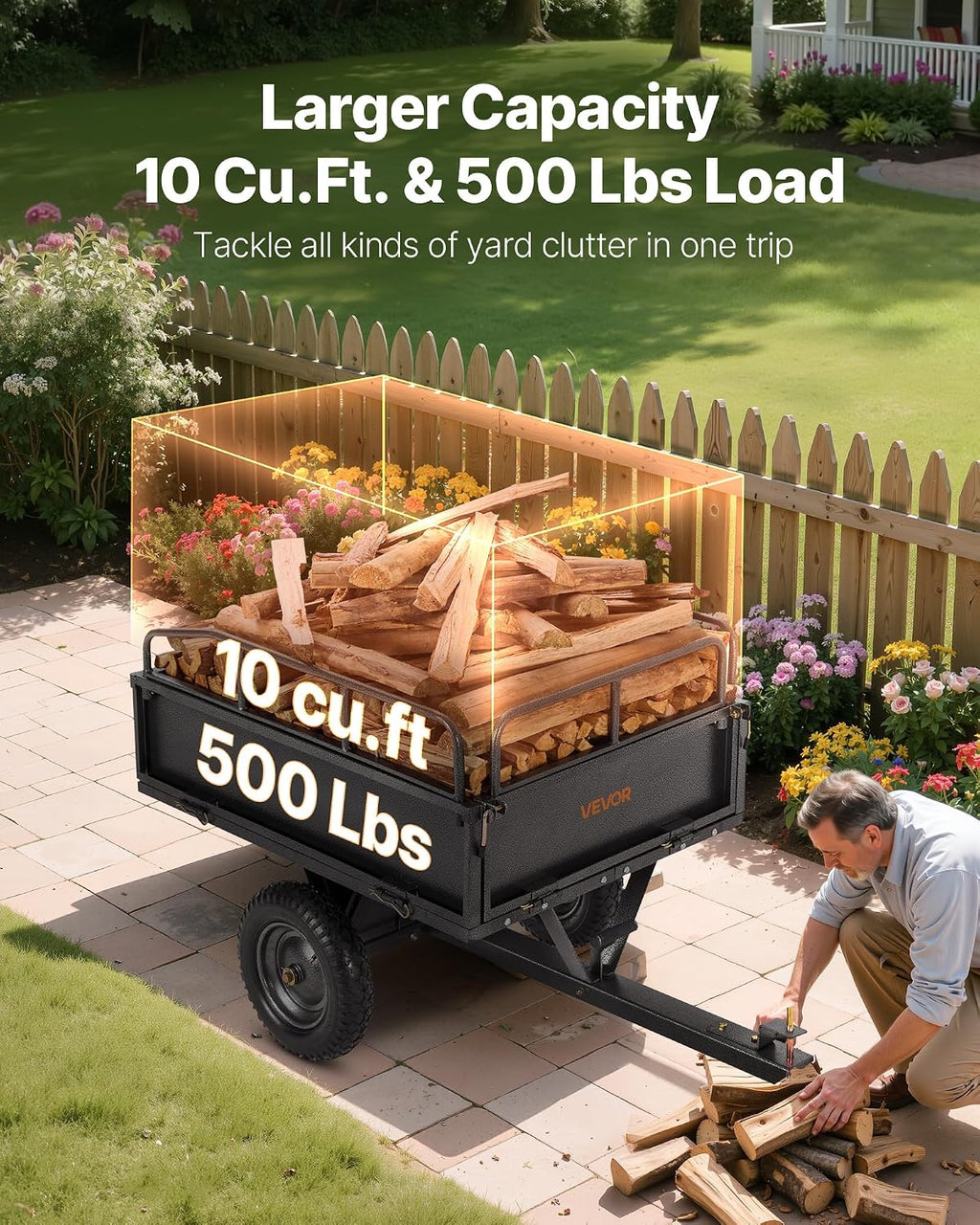 VEVOR 10 Cu.Ft. & 500lbs ATV Trailer Dump Cart Tow Behind, Heavy Duty Utility UTV Trailer, Tow Behind Steel Yard Dump Wagon Cart with 14' Tires for Lawn Mower Tractor