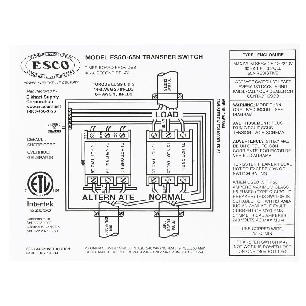 RecPro RV Automatic Transfer Switch for Esco | 120V/240V | 50Amp | Handles Up to 12KW Generator