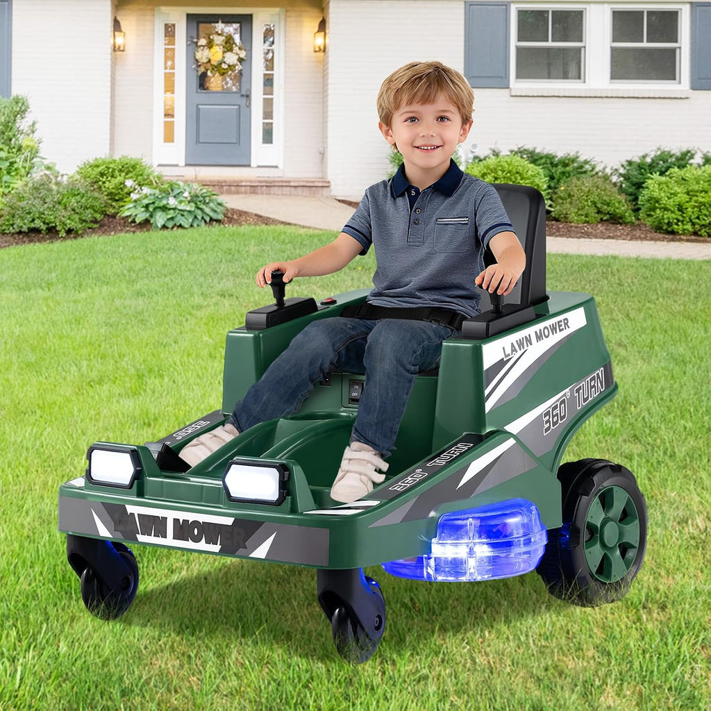 Costzon Ride on Lawn Mower for Kids, 12V Toddler Electric Car with 360° Twist and Turn, Dual Control Sticks, LED Lights, Outdoor Ride on Toy Gift for Boys & Girls Aged 3-8 (Dark Green)
