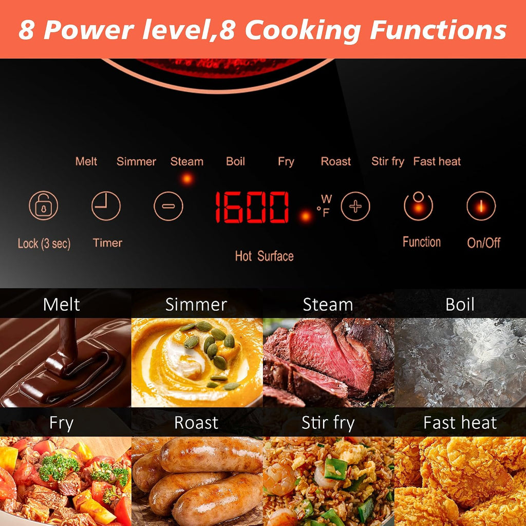 2 Burner Electric Cooktop 110v, 24 Inch Electric Stove Countertop & Built-in, Plug-in Electrics Cooktop, 8 Power Levels & 8 Functions, Touch Control, Safety Lock, Timer, 2000W, Orange