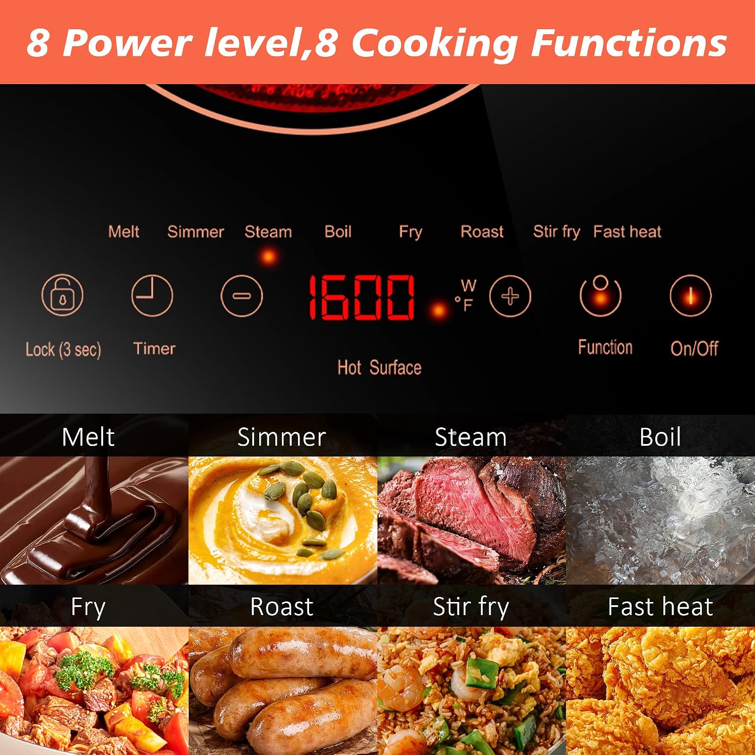 2 Burner Electric Cooktop 110v, 24 Inch Electric Stove Countertop & Built-in, Plug-in Electrics Cooktop, 8 Power Levels & 8 Functions, Touch Control, Safety Lock, Timer, 2000W, Orange