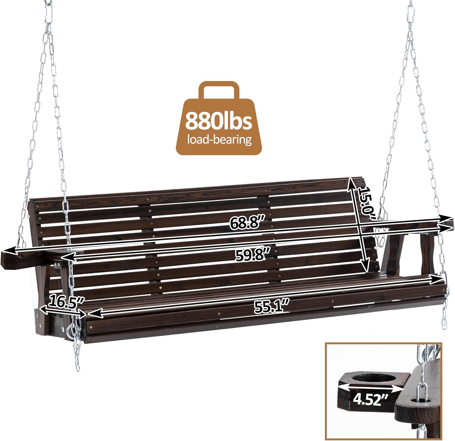 Finnhomy Fir Wooden Hanging Porch Swing Beach with Cupholders and Hanging Chains, 880 LBS Weight Capacity with 5 ft. Seat Width, for Outdoor Patio Garden Backyard(Rustic,Swing)