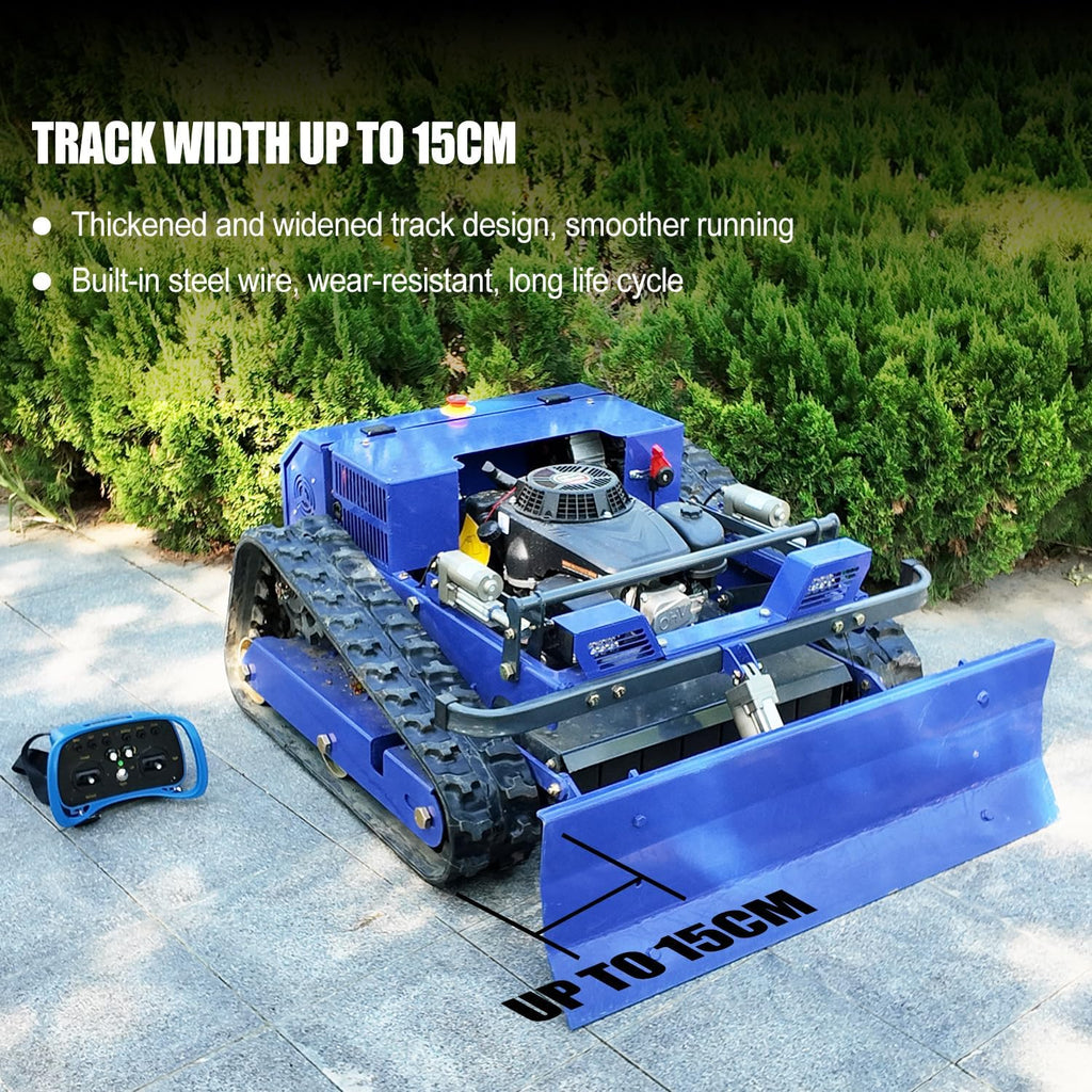 Remote Control Lawn Mower with Snow Plow, Crawler Track All-Terrain Machine, Oil-Electric Hybrid Power for Extreme Slopes and Large Turf, Adjustable Cutting Height