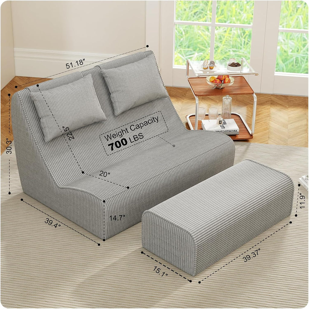 Giant Bean Bag Chair for Adults - Indoor Chaise Lounge with Pillows & Ottomans, Upholstered Loveseat Floor Sofa Chair for Reading, Gaming, Napping, and Movies (Gray)