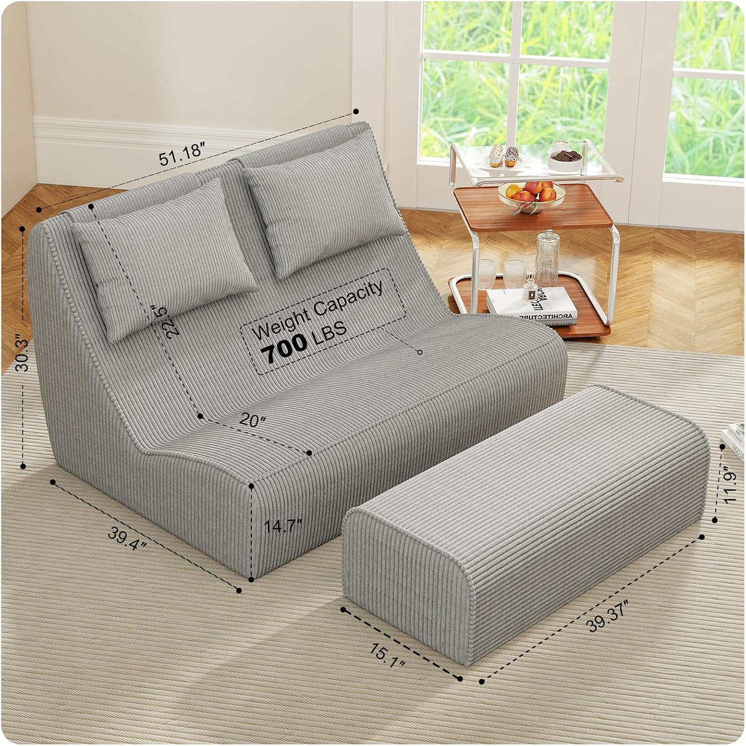 Giant Bean Bag Chair for Adults - Indoor Chaise Lounge with Pillows & Ottomans, Upholstered Loveseat Floor Sofa Chair for Reading, Gaming, Napping, and Movies (Gray)
