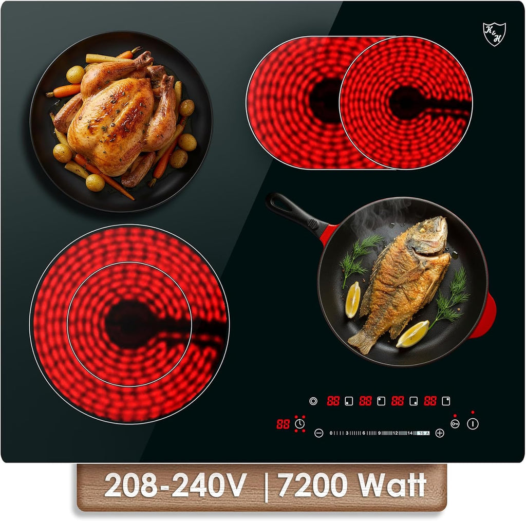 K&H 4 Burner Electric Cooktop - 24 Inch Built-In Radiant Ceramic Stove Top - 17 Power Levels & Touch Control, Compatible with All Cookware, 240V, 7200W High-Power Built-in Electric Stove, CE24-7206SL