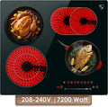 K&H 4 Burner Electric Cooktop - 24 Inch Built-In Radiant Ceramic Stove Top - 17 Power Levels & Touch Control, Compatible with All Cookware, 240V, 7200W High-Power Built-in Electric Stove, CE24-7206SL