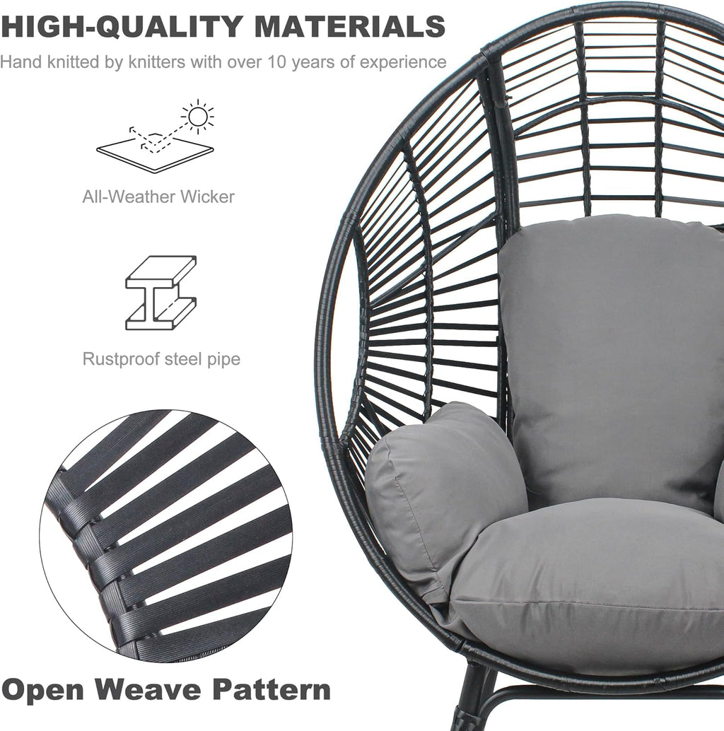 Oversized Wicker Egg Chair, Outdoor Indoor Rattan Patio Egg Lounge Chairs with Cushion 500lbs Capacity for Living Room, Balcony, Backyard(Black)