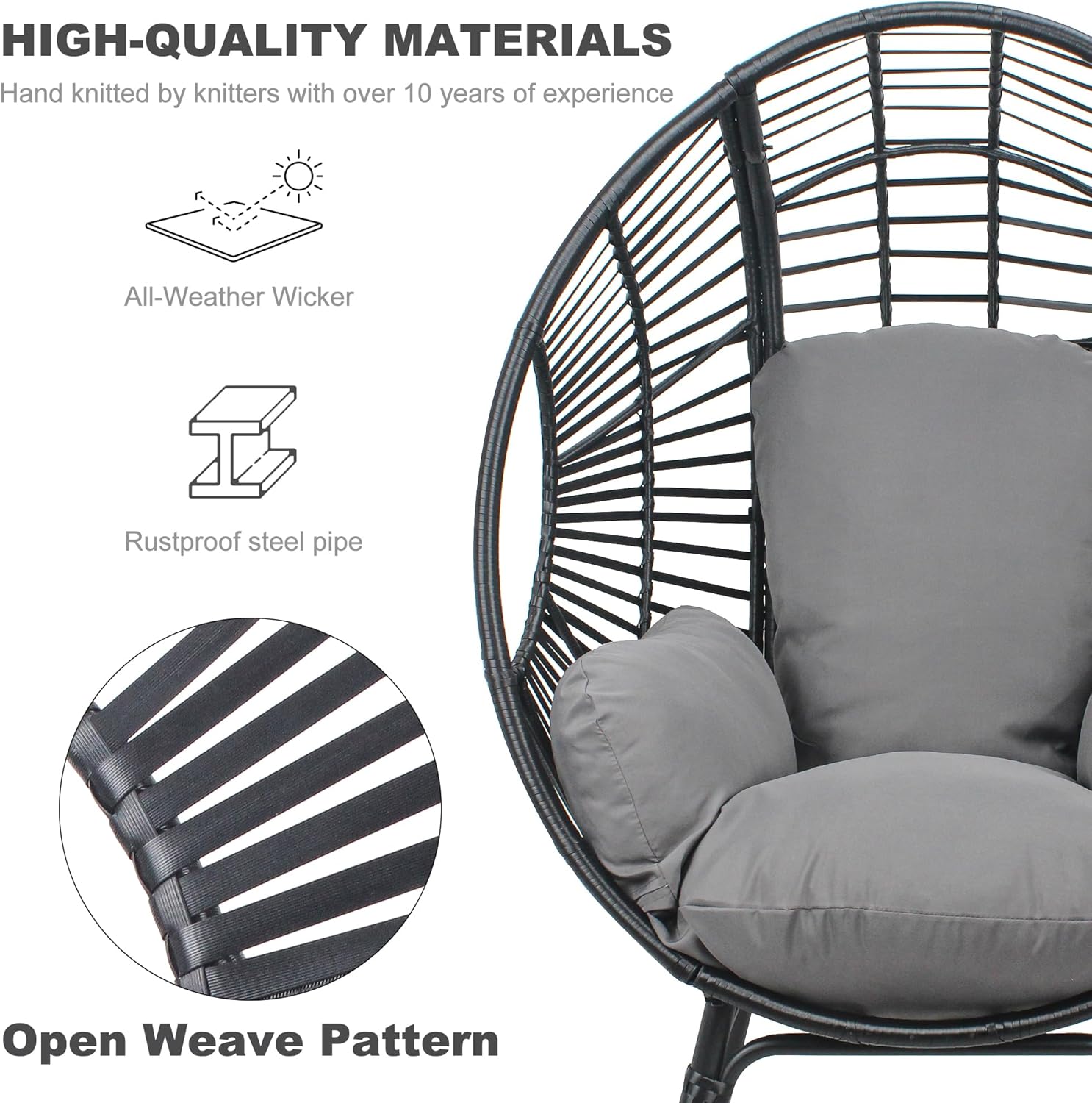 Oversized Wicker Egg Chair, Outdoor Indoor Rattan Patio Egg Lounge Chairs with Cushion 500lbs Capacity for Living Room, Balcony, Backyard(Black)