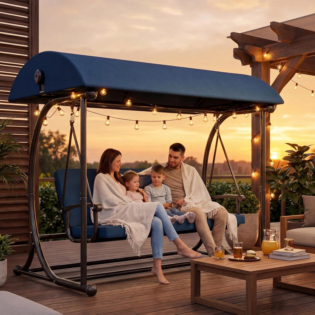 Outdoor Patio Swing Bed with Canopy, 3 Seat Porch Swing Chair for Adults, Heavy Duty Frame, Thick Cushions, Adjustable Backrest for Backyard Balcony Garden, Blue