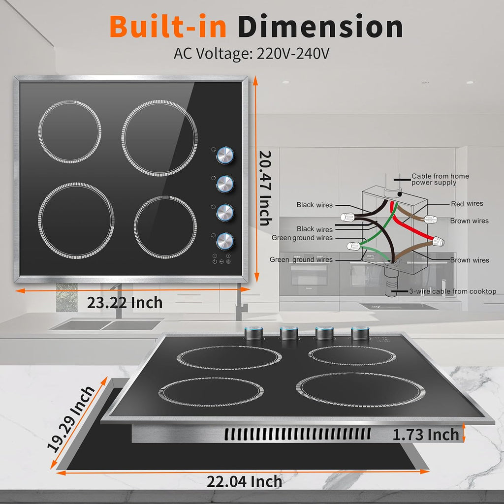 4 Burner Electric Cooktop, 24 Inch Electric Stove 6000W, 220V-240V Built-in Ceramic Stovetop with Knob Control, Child Lock, Timer Control, Residual Heat Indicator, Hard Wire(No Plug)