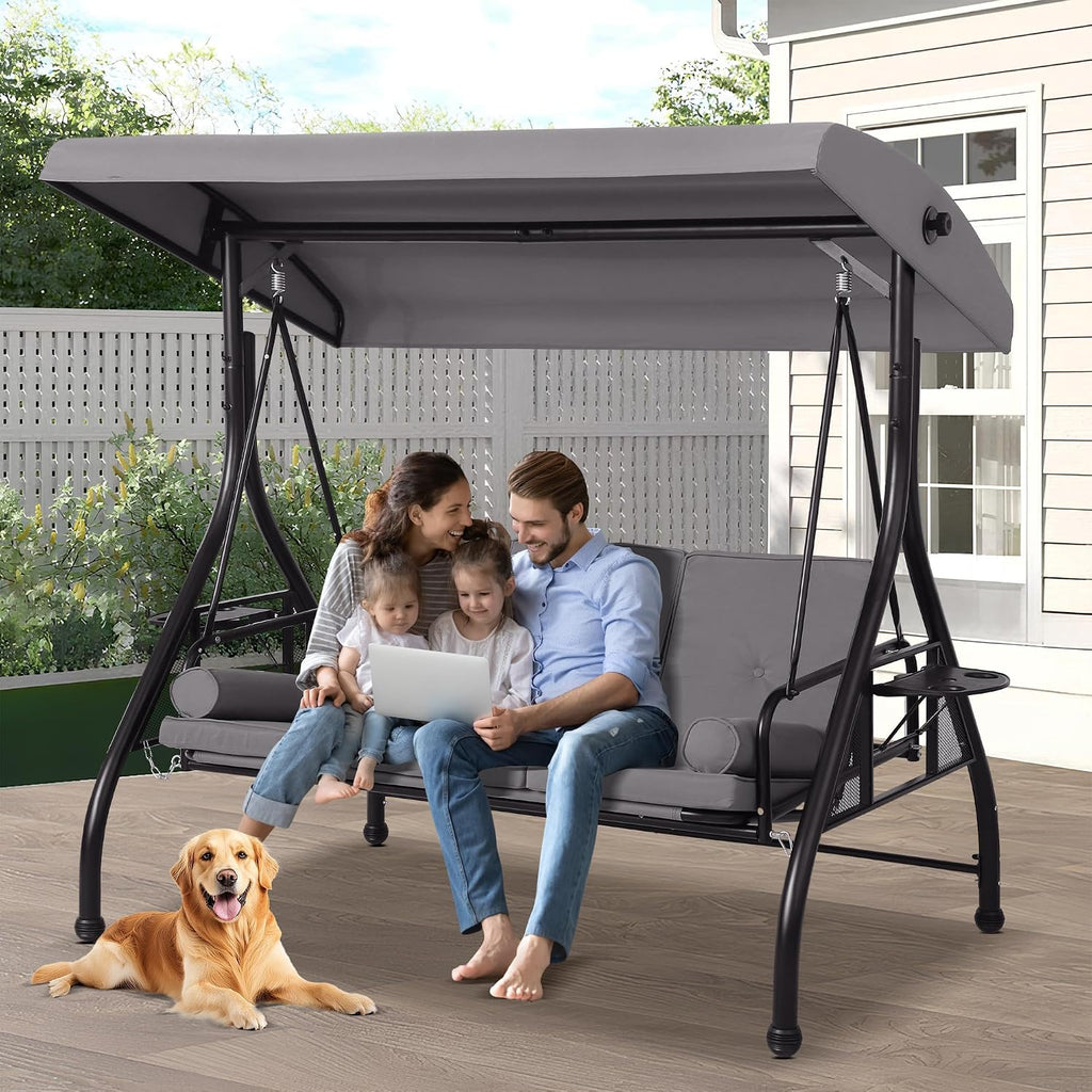 Patio Porch Swings with Adjustable Canopy - 3 Seat Outdoor Porch Swing Glider Bench with Stand, Heavy Duty Swing Bed W/Cushions Pillows and Cup Holder for Backyard Garden Lawn Poolside (Gray)