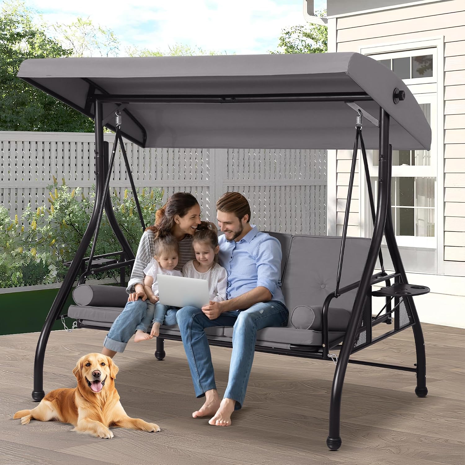 Patio Porch Swings with Adjustable Canopy - 3 Seat Outdoor Porch Swing Glider Bench with Stand, Heavy Duty Swing Bed W/Cushions Pillows and Cup Holder for Backyard Garden Lawn Poolside (Gray)