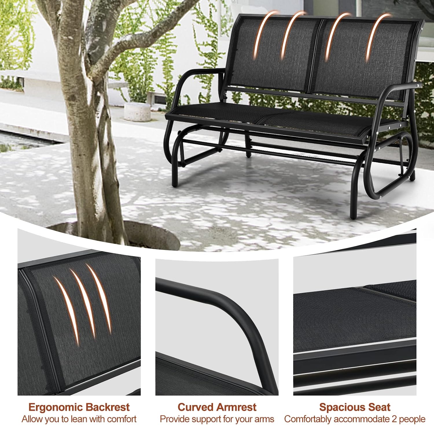 Tangkula 2 Person Patio Glider, Outdoor Swing Bench Rocker Glider Loveseat Chair with Heavy-Duty Steel Frame, Breathable Seat Fabric, Rocking Lounge Chair for Poolside, Garden, Backyard, Porch (Black)