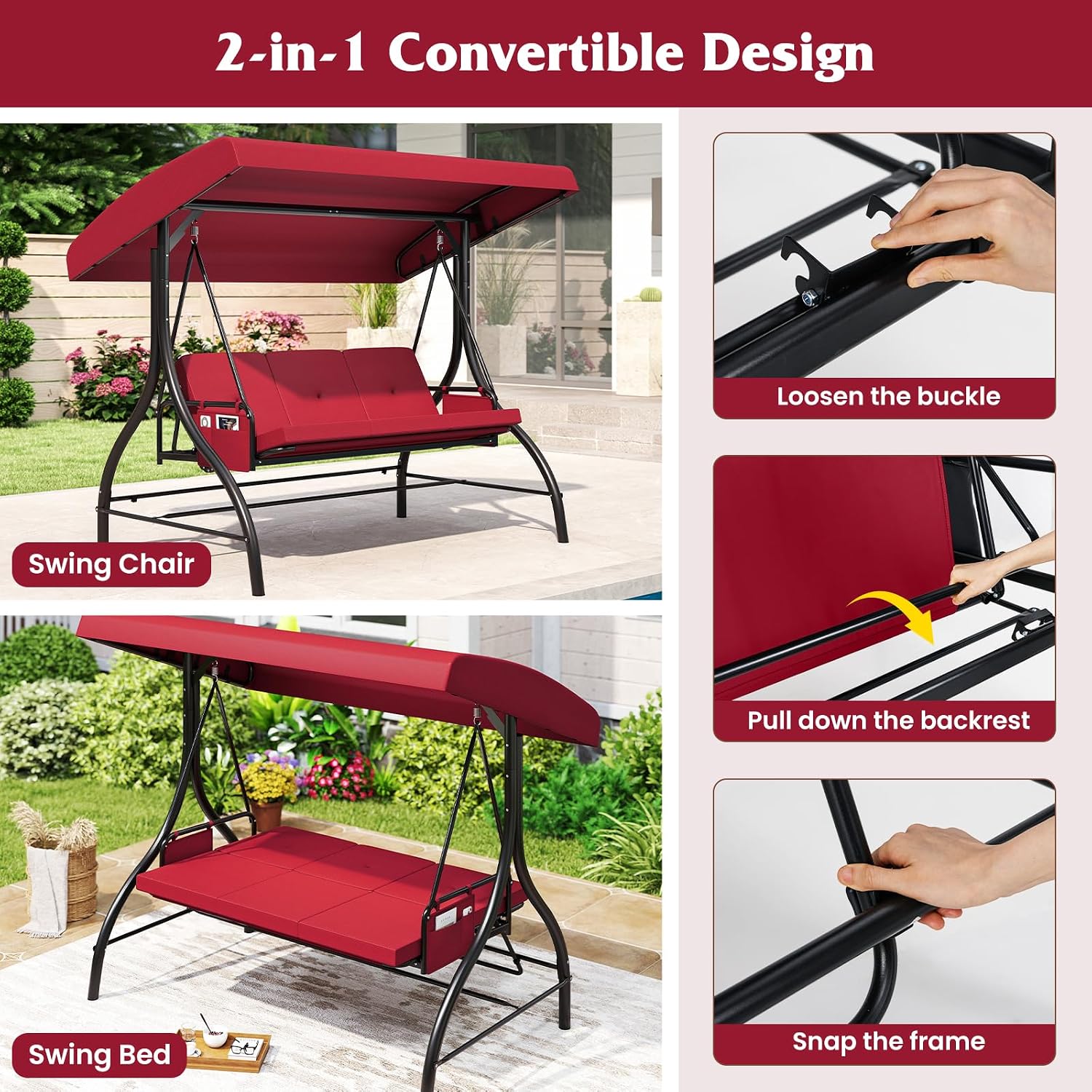 Tangkula 3 Person Porch Swing, 2-in-1 Convertible Outdoor Swing with Adjustable Canopy, Removable Cushions, Metal Frame, Side Pockets for Backyard, Garden, Porch (Burgundy)