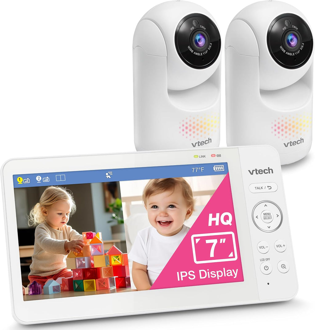 VTech Advanced HQ Max Twin 7' Digital Video 2-Cameras Baby Monitor with Pan Tilt Zoom, Long Battery Life 5000mAh, IPS Screen, Adaptive Multi-Color Night Light, 2-Way Talk, HQ Display, No WiFi, White