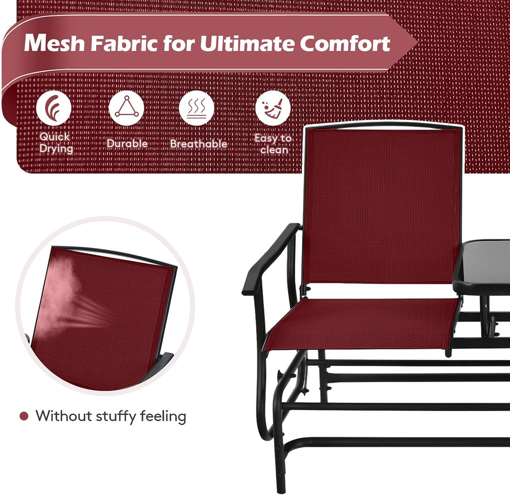 Tangkula 2 Person Swing Glider Chair, Patio Rocking Loveseat w/Center Tempered Glass Table, Outdoor Swing Bench w/Steel Frame & Breathable Mesh Fabric for Porch, Balcony, Poolside (Burgundy)