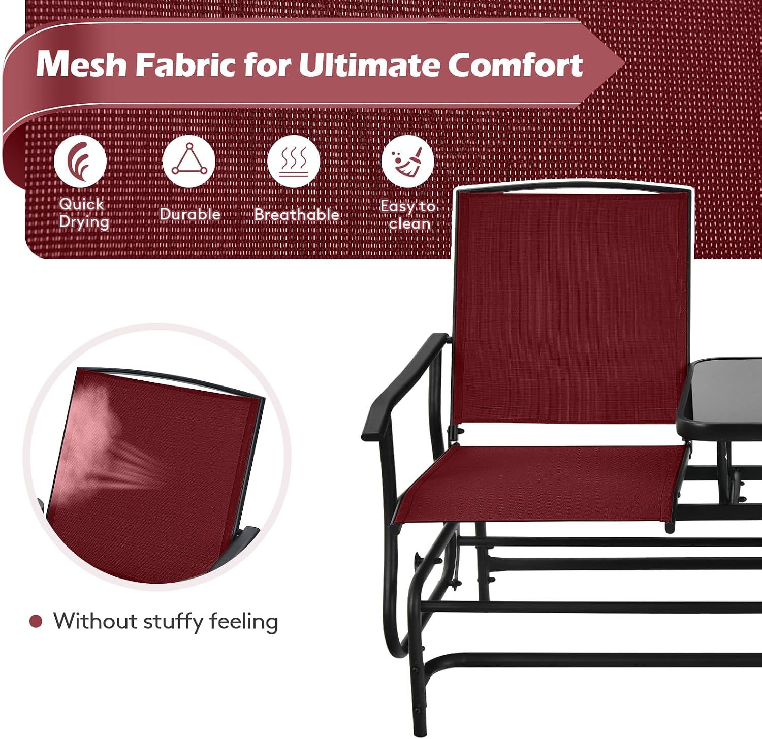 Tangkula 2 Person Swing Glider Chair, Patio Rocking Loveseat w/Center Tempered Glass Table, Outdoor Swing Bench w/Steel Frame & Breathable Mesh Fabric for Porch, Balcony, Poolside (Burgundy)