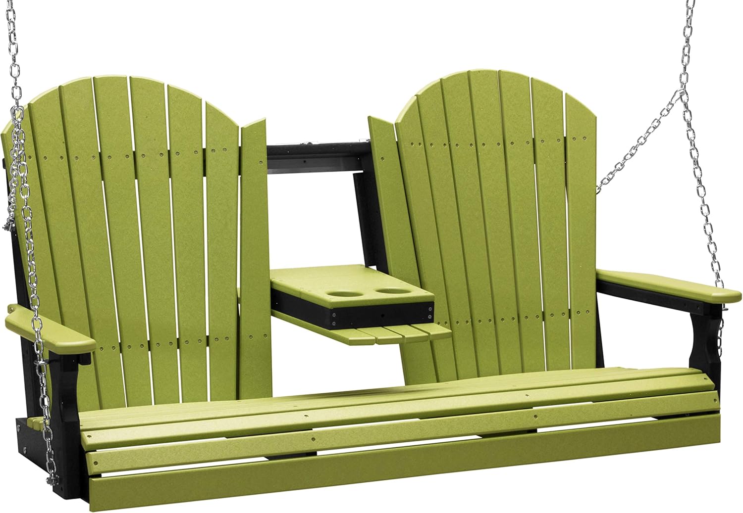 LuxCraft 5' Adirondack Hanging Porch Swing with Flip Down Console, Outdoor Patio Swing, Front Porch Swing, Outdoor Swing Bench (Lime Green & Black)