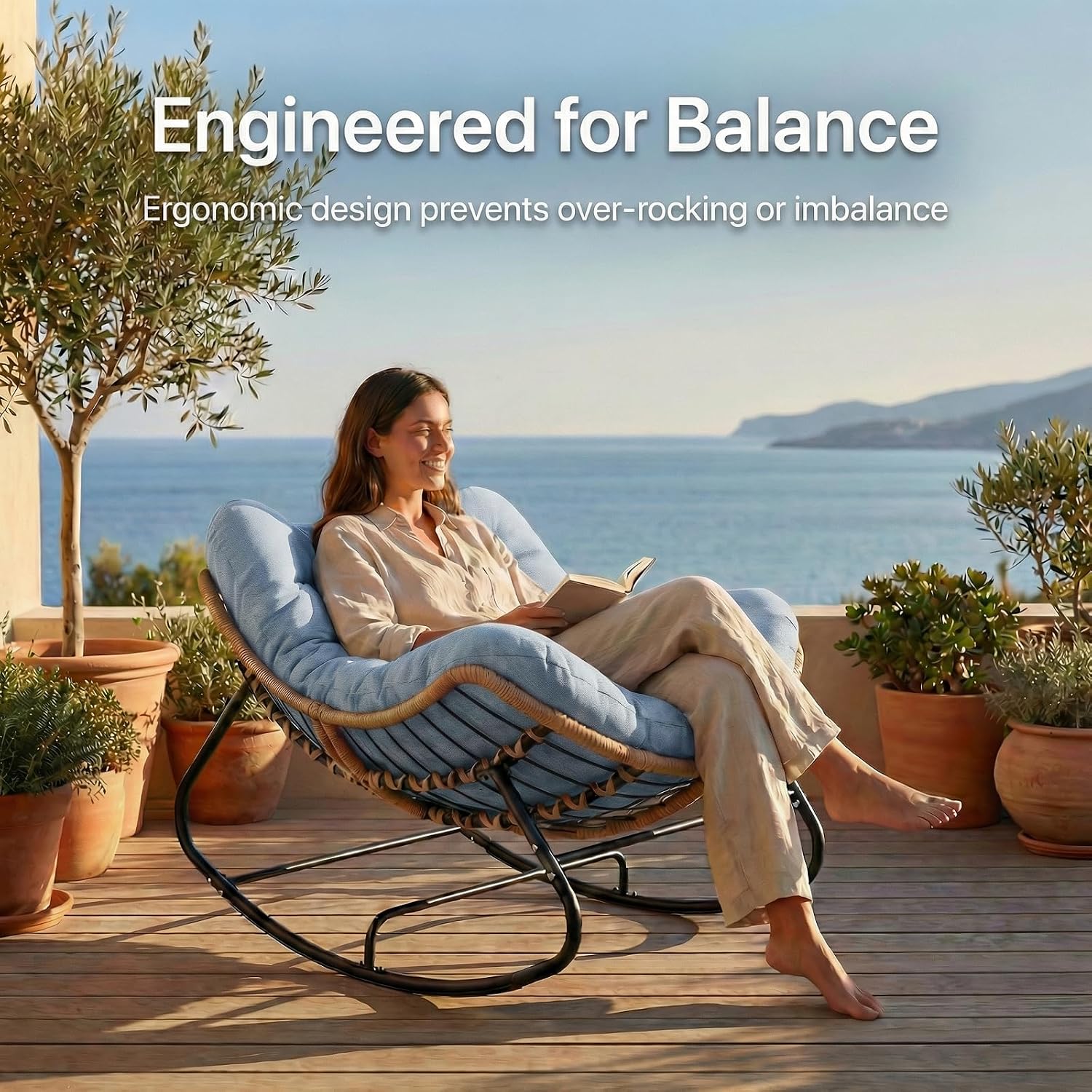 Oversized Papasan Rocking Chair Outdoor, Comfy Wicker Patio Papasan Egg Rocker with Thick Cushion for 450 lbs, Indoor Lounge Reading Chair for Living Room, Porch, Garden, Balcony, Bedroom-Blue