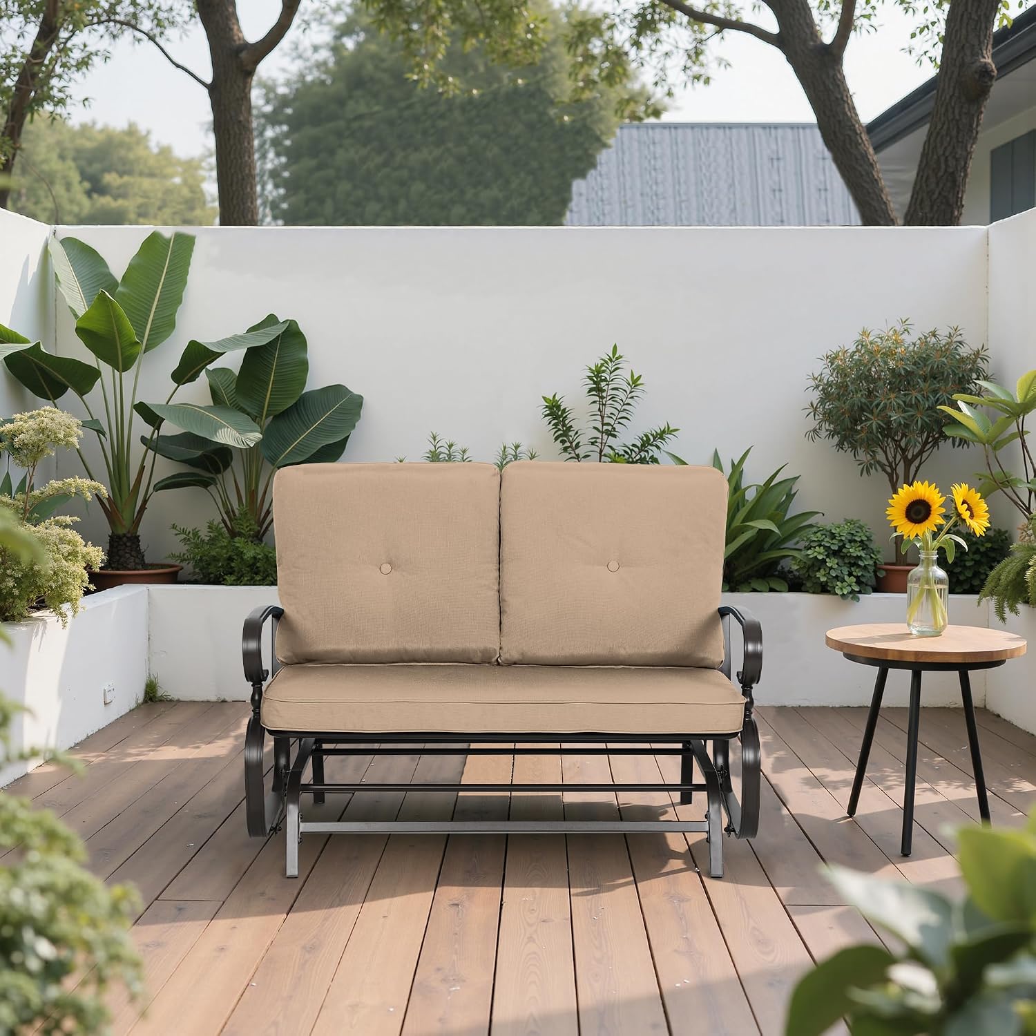 Outdoor Bench Patio Swing Glider Loveseat 2 Seats Rocking Chair, Wrought Iron Gliders for Outside Patio with Cushion (Brown)