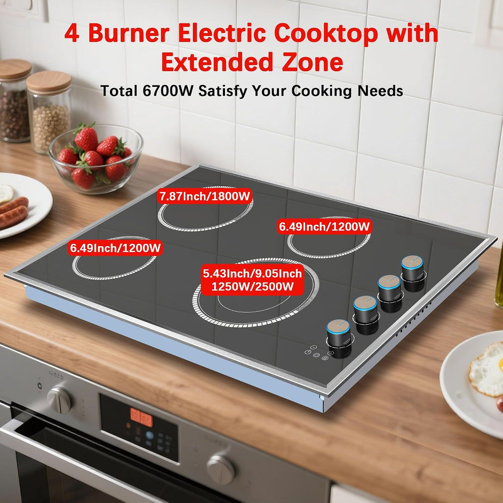 30 Inch Electric Cooktop, 4 Burner Electric Stove Top with Knob Control, 6700W Stove Top Burner with Overheat Protection, Child Lock, Timer, Durable Metal Frame, Bulit-in Glass Top 220-240V Hardwired