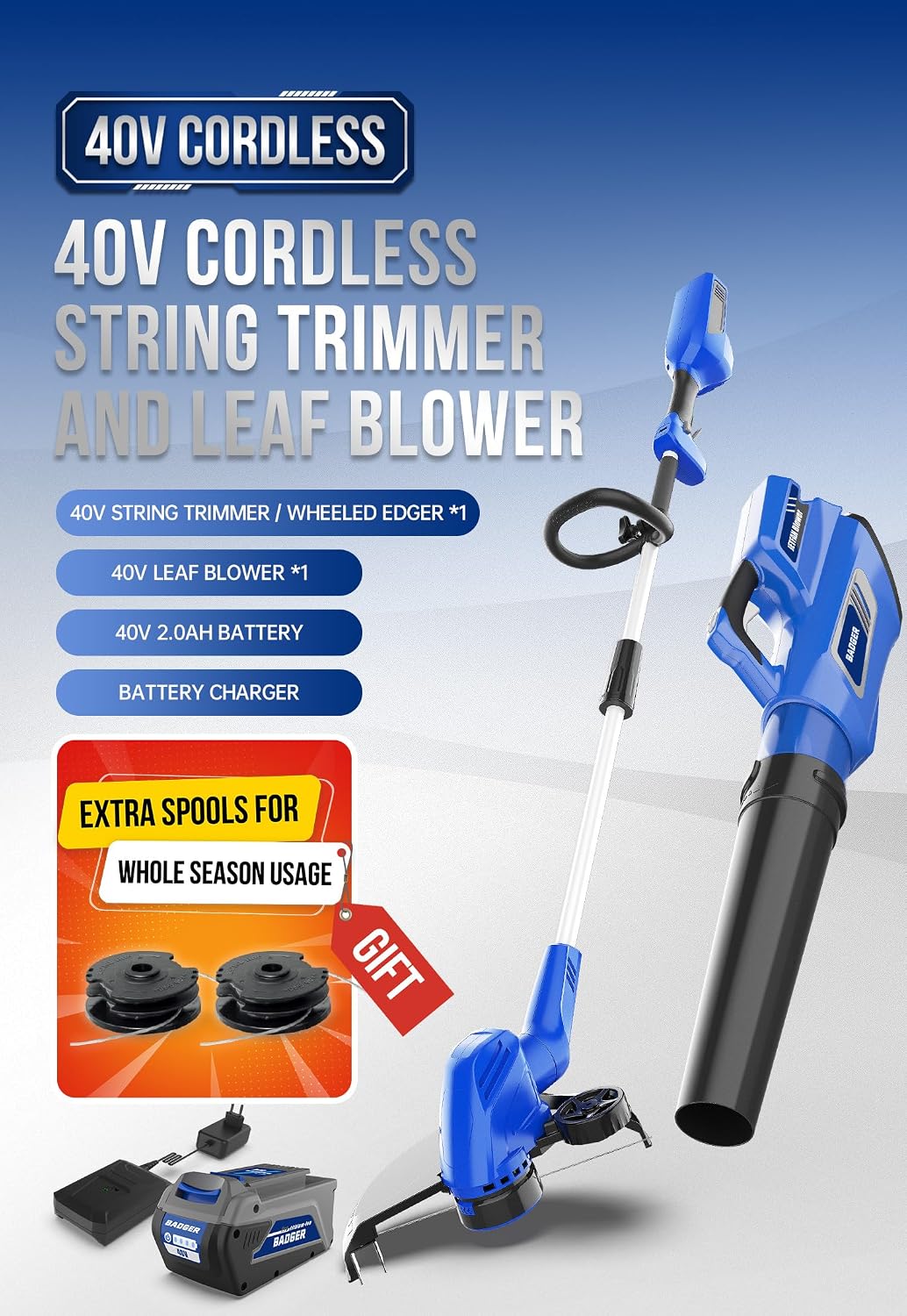 Wild Badger Power 40V Weed Wacker & Leaf Blower, Wheeled Edger Kit Electric with 2Ah Battery & Charger, String Trimmer, Lightweight, Adjustable Telescopic Shaft, Easy to Use and Convert