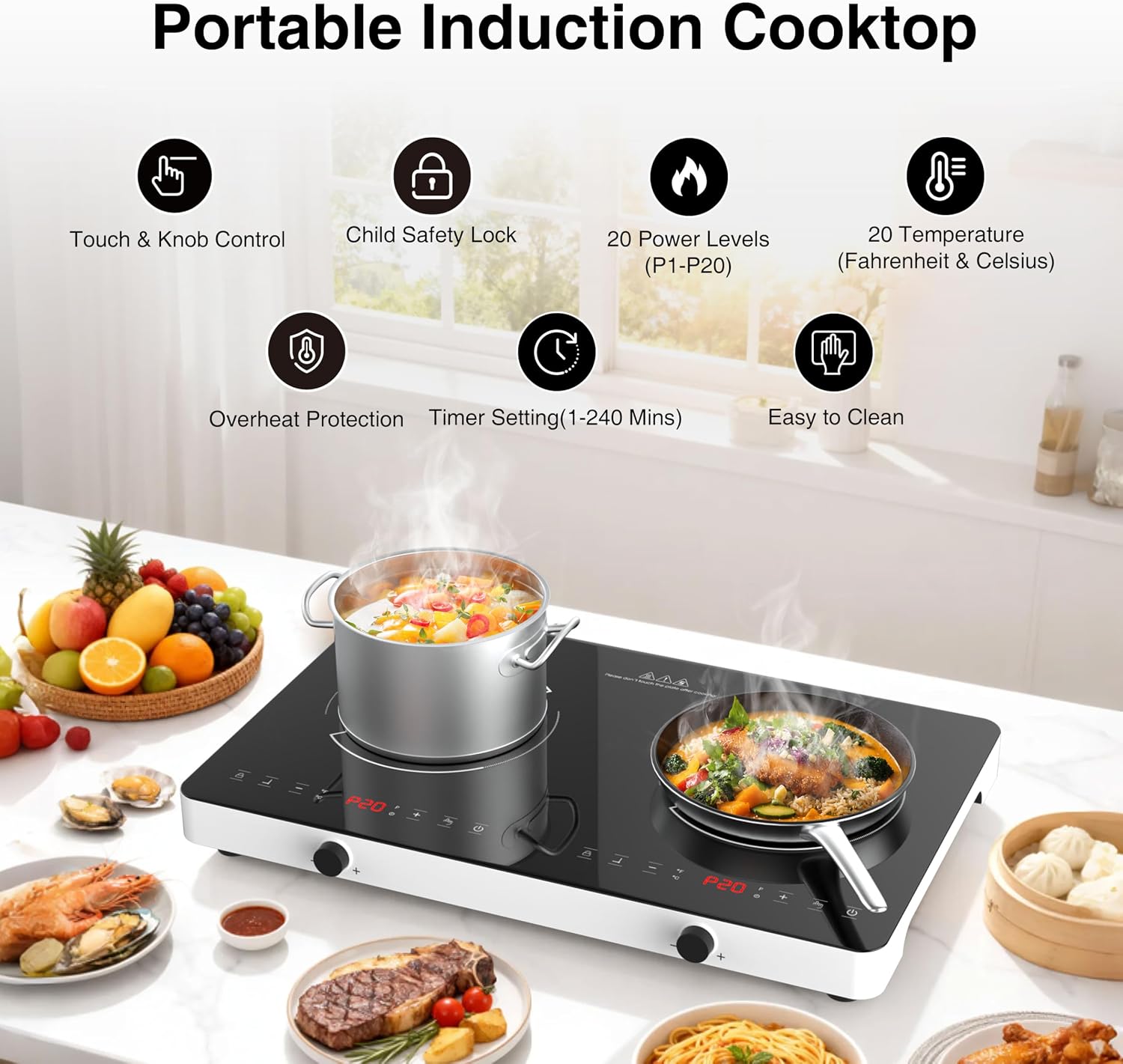 Double Induction Cooktop, 2 Burner Induction Burner 20 Temperature & Power Levels Portable Electric Stove Countertop Burners, Knob Control, Child Safety Lock & 4H Timer, Auto Shut-Off