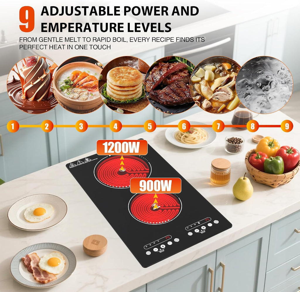 Electric Cooktop 2 Burner: 12 Inch Built-in Electric Stove Top with Dual Heating Rings, Child Lock & Keep-Warm – Portable Countertop Burner for Kitchen, RV, Apartment, All Cookware Compatible