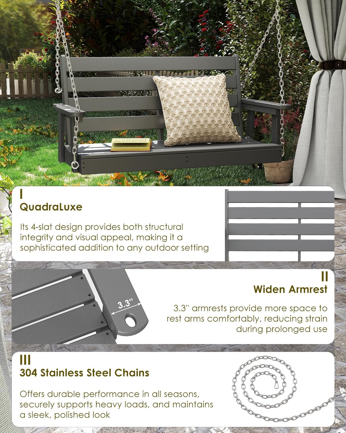 GREENVINES Porch Swing | 51'' | HDPE Plastic | for Outdoor Patio | All Weather | Waterproof Bench Swings | w/ 4 Stainless Steel Chains | Grey