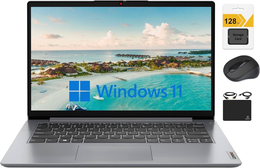 Lenovo Ideapad Laptop 2024 Premium, 14' HD Screen Thin Light, Intel Celeron N4020 (Upto 2.8GHZ), 4GB RAM, 256GB (128GB eMMC+ 128GB Card), WiFi, Webcam, 11+ Hours Battery, Window 11S+HubxcelAccessory