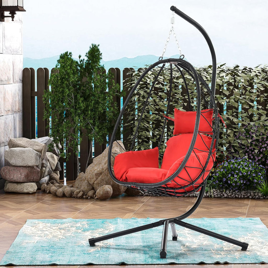 Hanging Egg Chair with Stand, Black Wicker Rattan Swing Egg Chair, Indoor Outdoor Swing Chair for Patio Balcony Porch Bedroom, 350 LBS Capacity (Red)