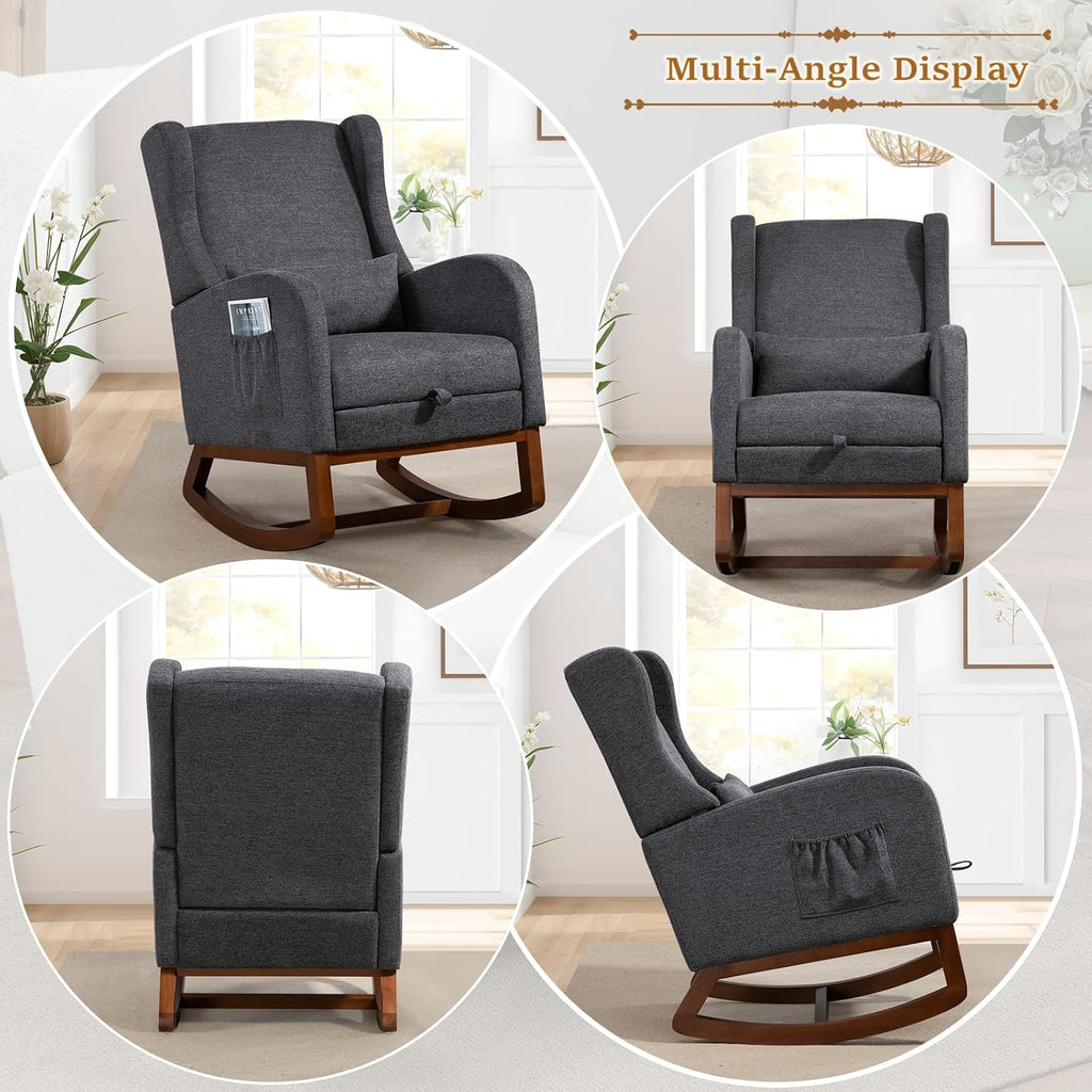Modern Rocking Chair Nursery Glider, Comfy Rocker Nursery Chair with Foot Rest, Accent Reading Armchair with Pillow and Pocket, Upholstered Lounge Rocker with Solid Wood Base for Relaxing (Charcoal)