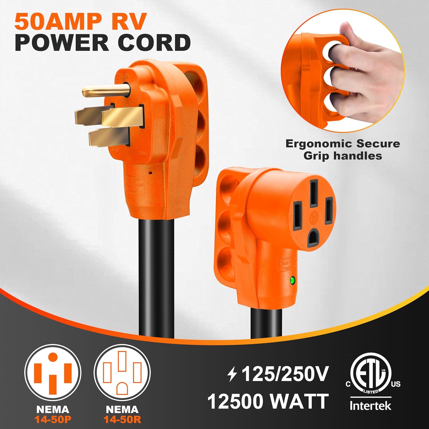 100FT 50 Amp RV Extension Cord Outdoor with Grip Handle, 125/250V, 12500W, 4 Prong, Heavy Duty 6/3+8/1 Gauge STW, NEMA 14-50P to 14-50R with LED Power Indicator & Polarity Lamp, UL&ETL Listed