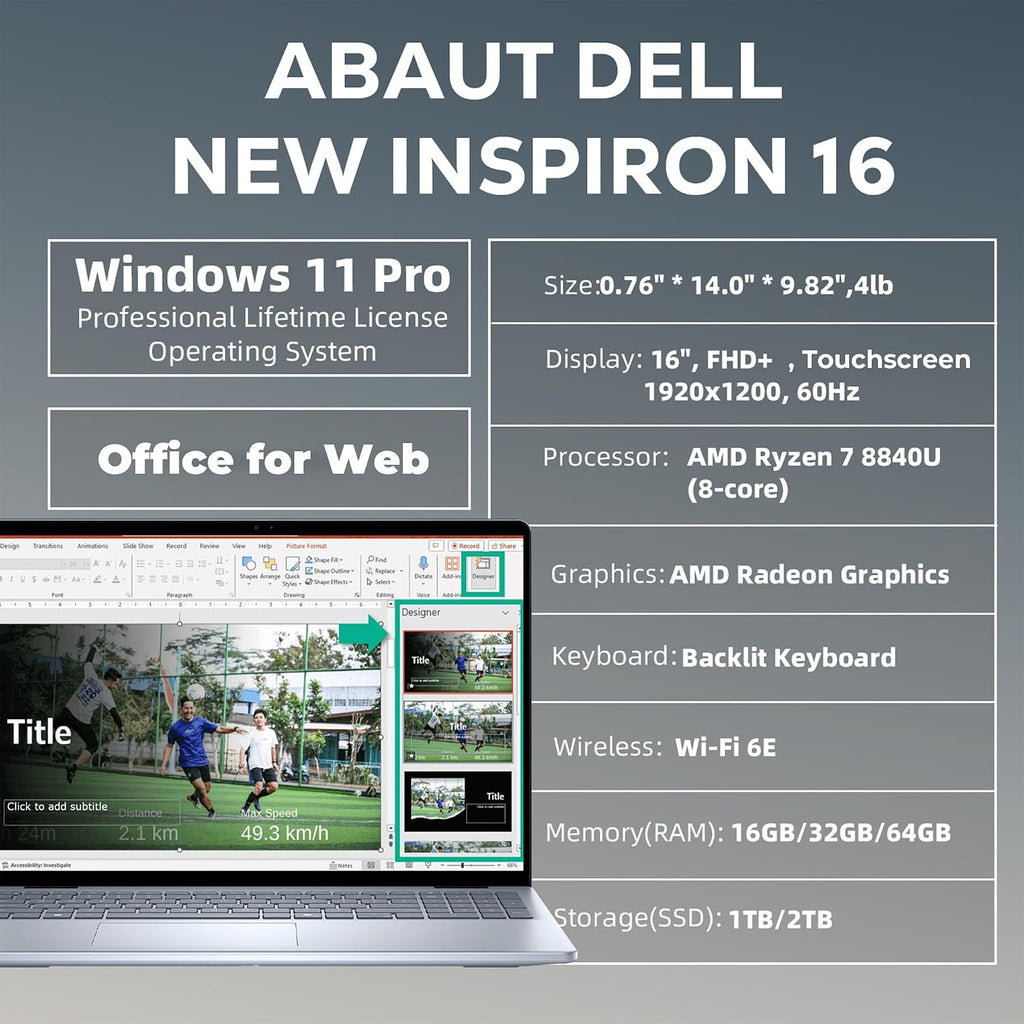 Dell Inspiron 16 5645 Business Laptop, 16' FHD+ Display, AMD Ryzen 7 8840U, 16GB DDR5 RAM, 1TB SSD, 1080p FHD Webcam, Backlit Keyboard, Fingerprint Reader, SD Card Slot, Wi-Fi 6, Windows 11 Pro
