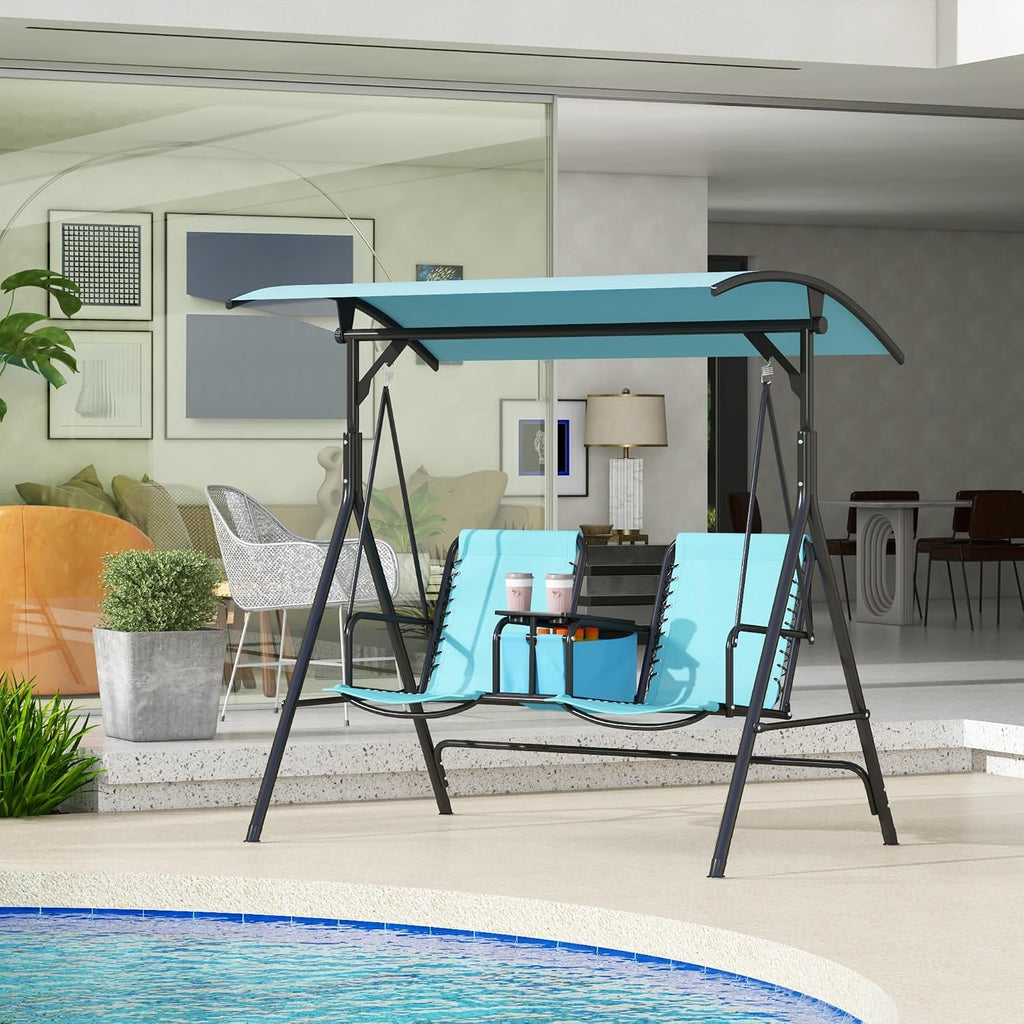 Outsunny 2-Seat Patio Swing Chair, Outdoor Canopy Swing Glider with Pivot Storage Table, Cup Holder, Adjustable Shade, Bungie Seat Suspension and Weather Resistant Steel Frame, Blue