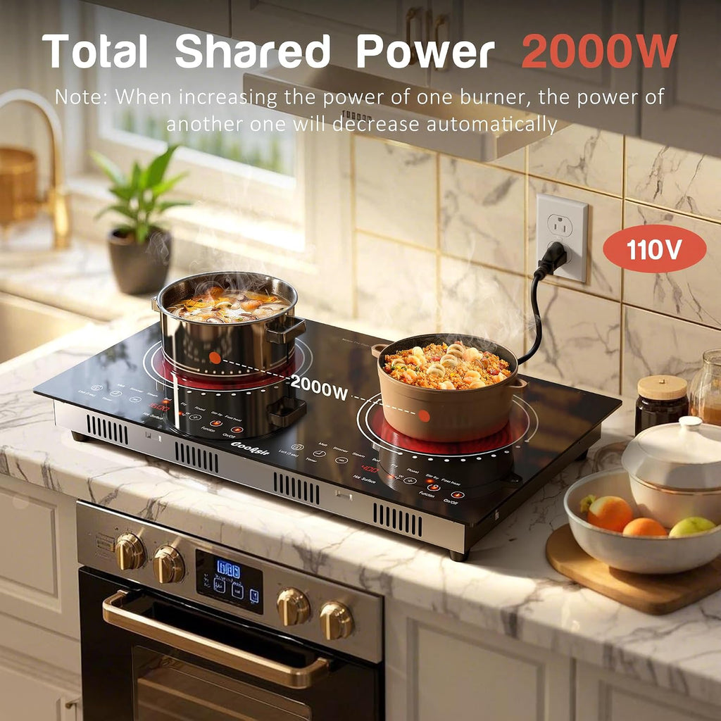 2 Burner Electric Cooktop - 24 Inch(23.6'x 13.8') Built-in & Countertop Electric Stove Top, 120V Double Burner Ceramic Cooktop Portable with Safety Lock, Timer, Touch Control, 110V Plug in