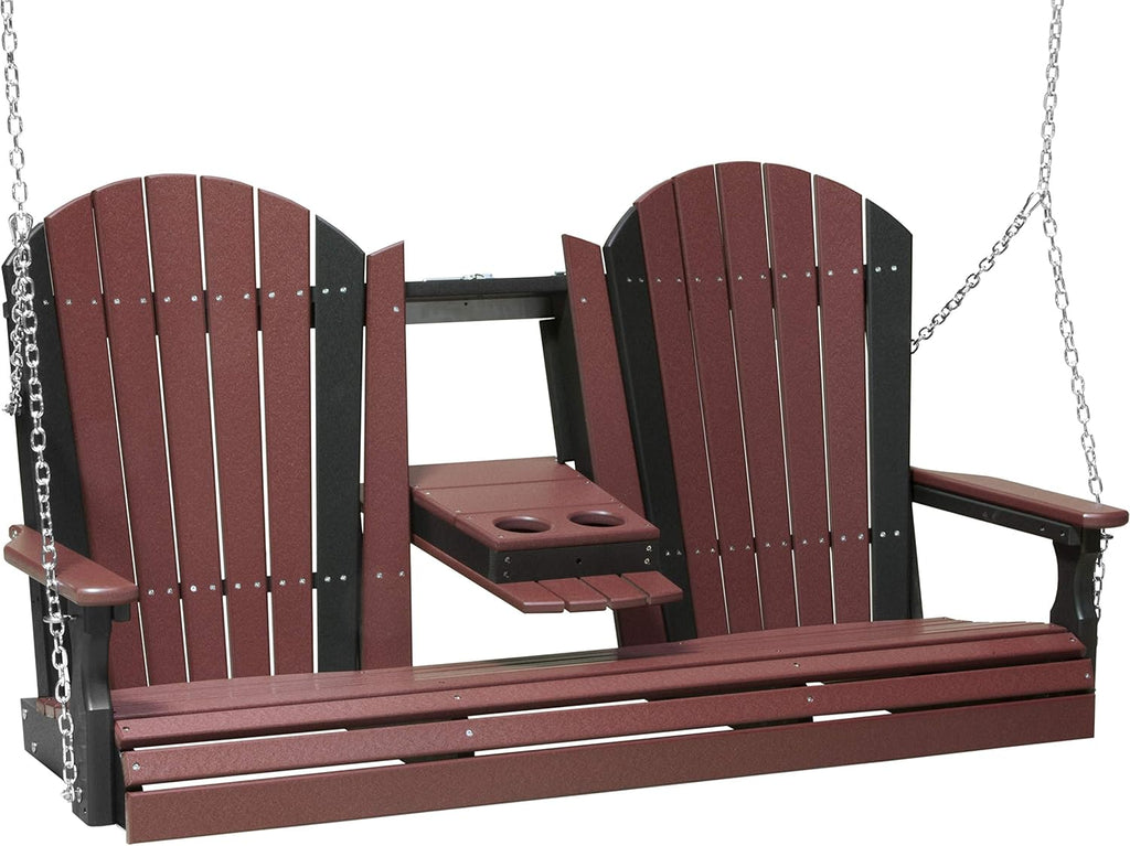 LuxCraft 5' Adirondack Hanging Porch Swing with Flip Down Console, Outdoor Patio Swing, Front Porch Swing, Outdoor Swing Bench (Cherrywood & Black)