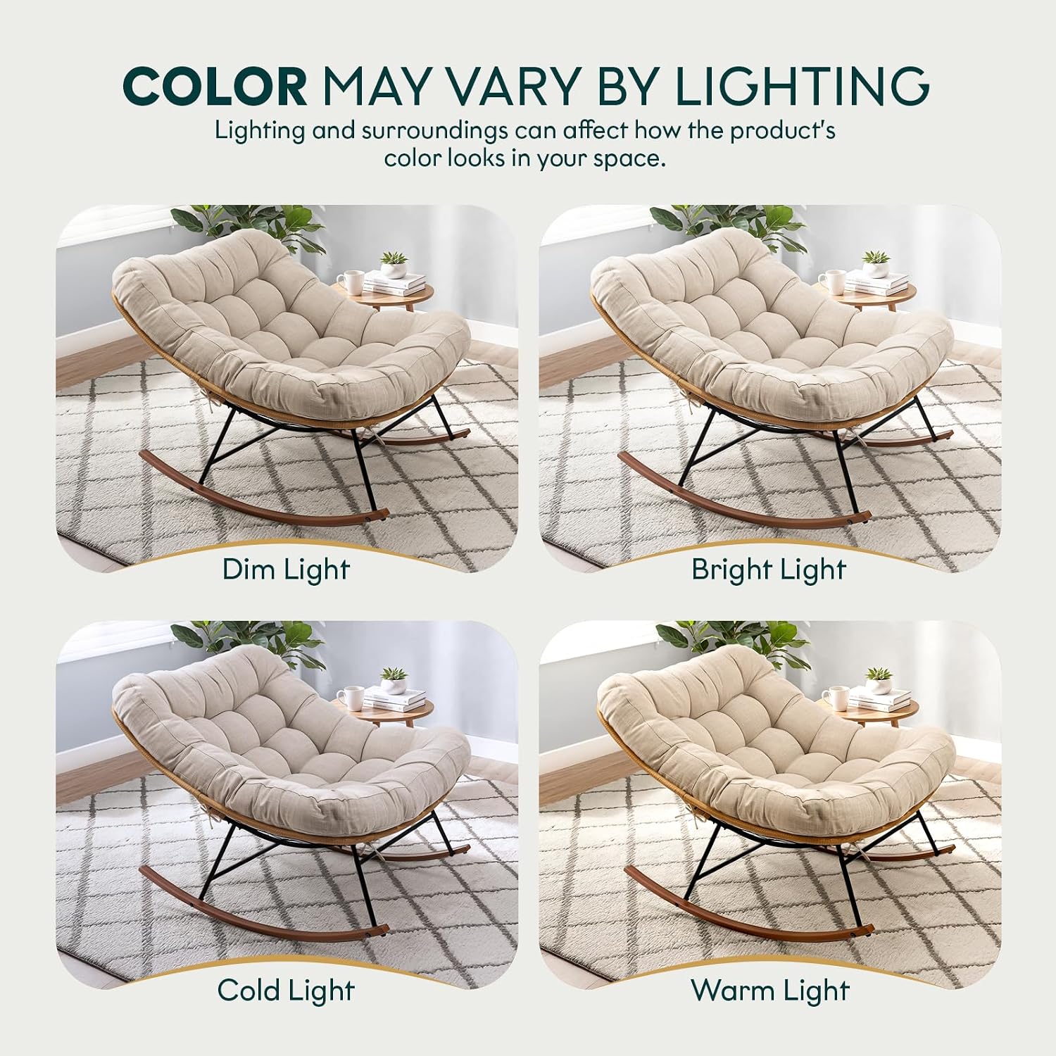 Bme Patio Rocking Chair Outdoor and Indoor, Modern Metal Lounge Rocker with Thick 7'' Cushion, 400lbs Capacity, Ergonomic Design, Easy Assembly, Beige Cushion - Wood Texture Rocker