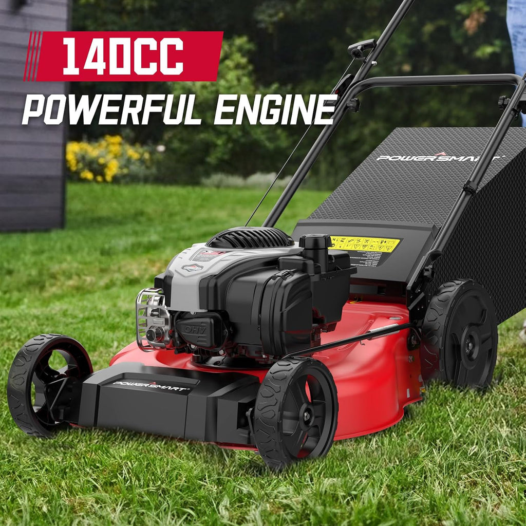 PowerSmart Gas Lawn Mower 21-Inch with 140cc B&S E550 Engine, 3-in-1 with Bagging, High Wheels, Lightweight, Easy Assembly, Cordless Push Lawn Mowers for Garden Yard