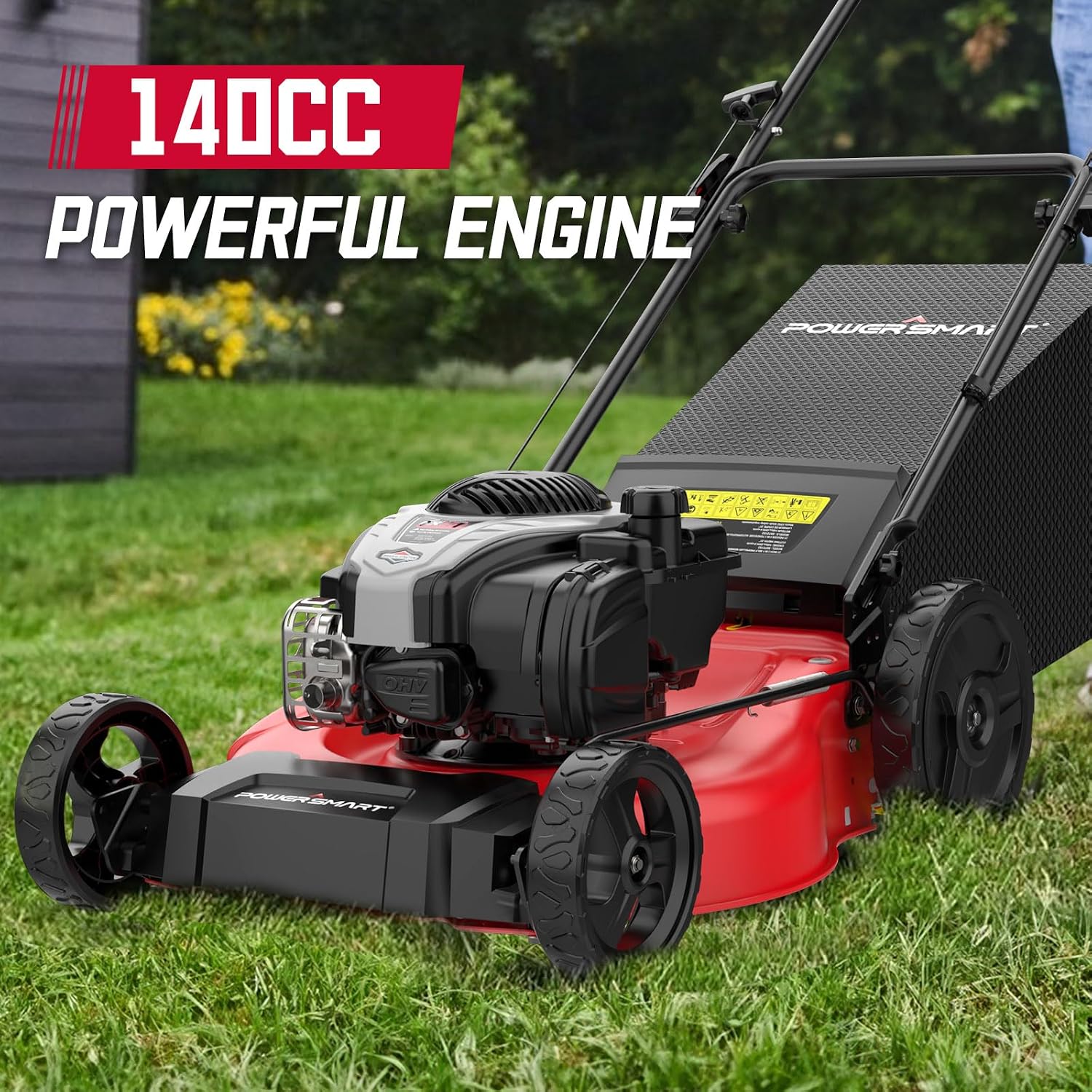 PowerSmart Gas Lawn Mower 21-Inch with 140cc B&S E550 Engine, 3-in-1 with Bagging, High Wheels, Lightweight, Easy Assembly, Cordless Push Lawn Mowers for Garden Yard