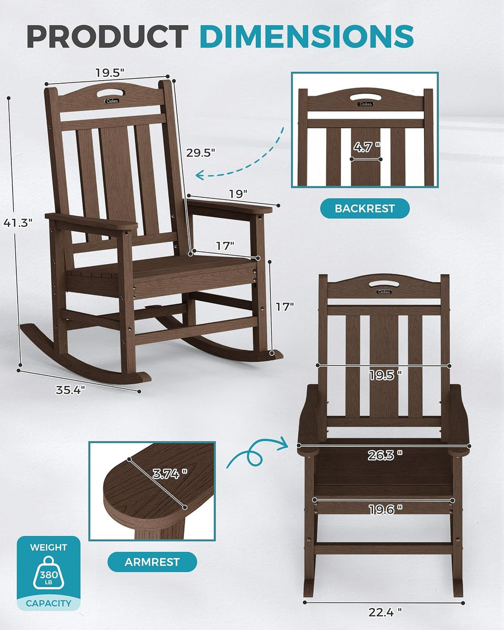 Ciokea Oversized Outdoor Rocking Chairs Set of 2, 380lbs Heavy-Duty Large Patio Rocker, High Back Cozy Porch Chairs, Weather Resistant Patio Rocking Chairs for Outside, Fire Pit, Deck, Brown