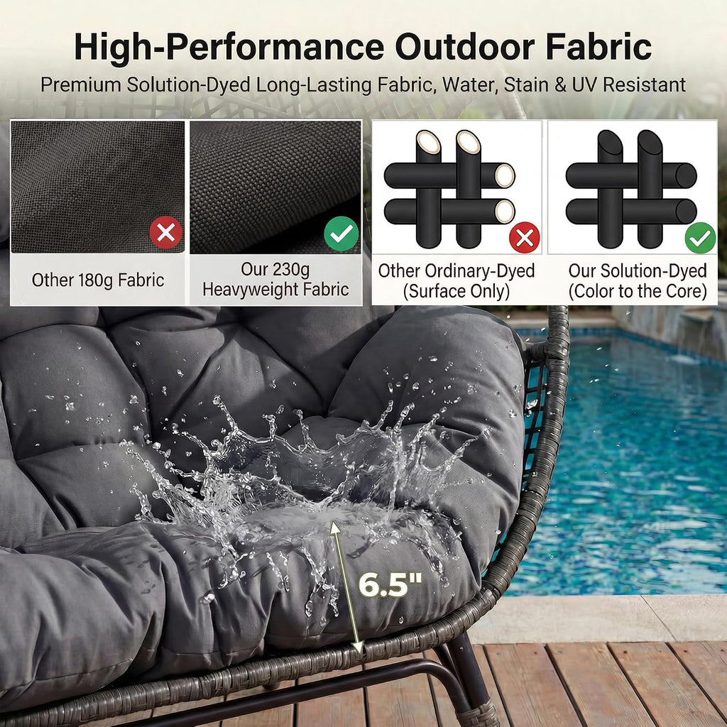 NICESOUL Stationary Egg Chair Indoor Outdoor Wicker Oversized Thick Cushions Egg Shaped Loveseat Chair, Egg Basket Lounge Chair with Ottoman Footrest for Patio Balcony Porch Bedroom Gray