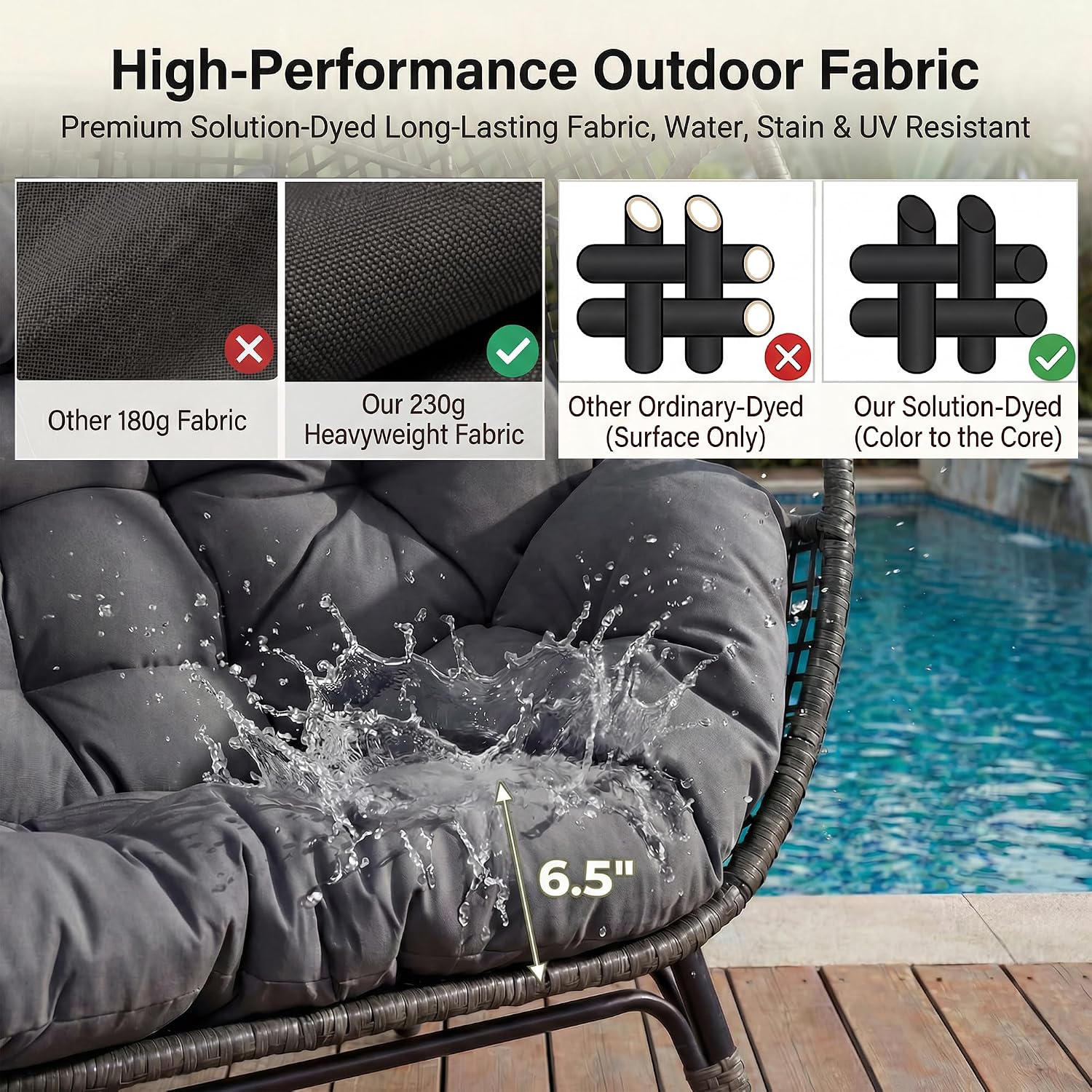 NICESOUL Stationary Egg Chair Indoor Outdoor Wicker Oversized Thick Cushions Egg Shaped Loveseat Chair, Egg Basket Lounge Chair with Ottoman Footrest for Patio Balcony Porch Bedroom Gray