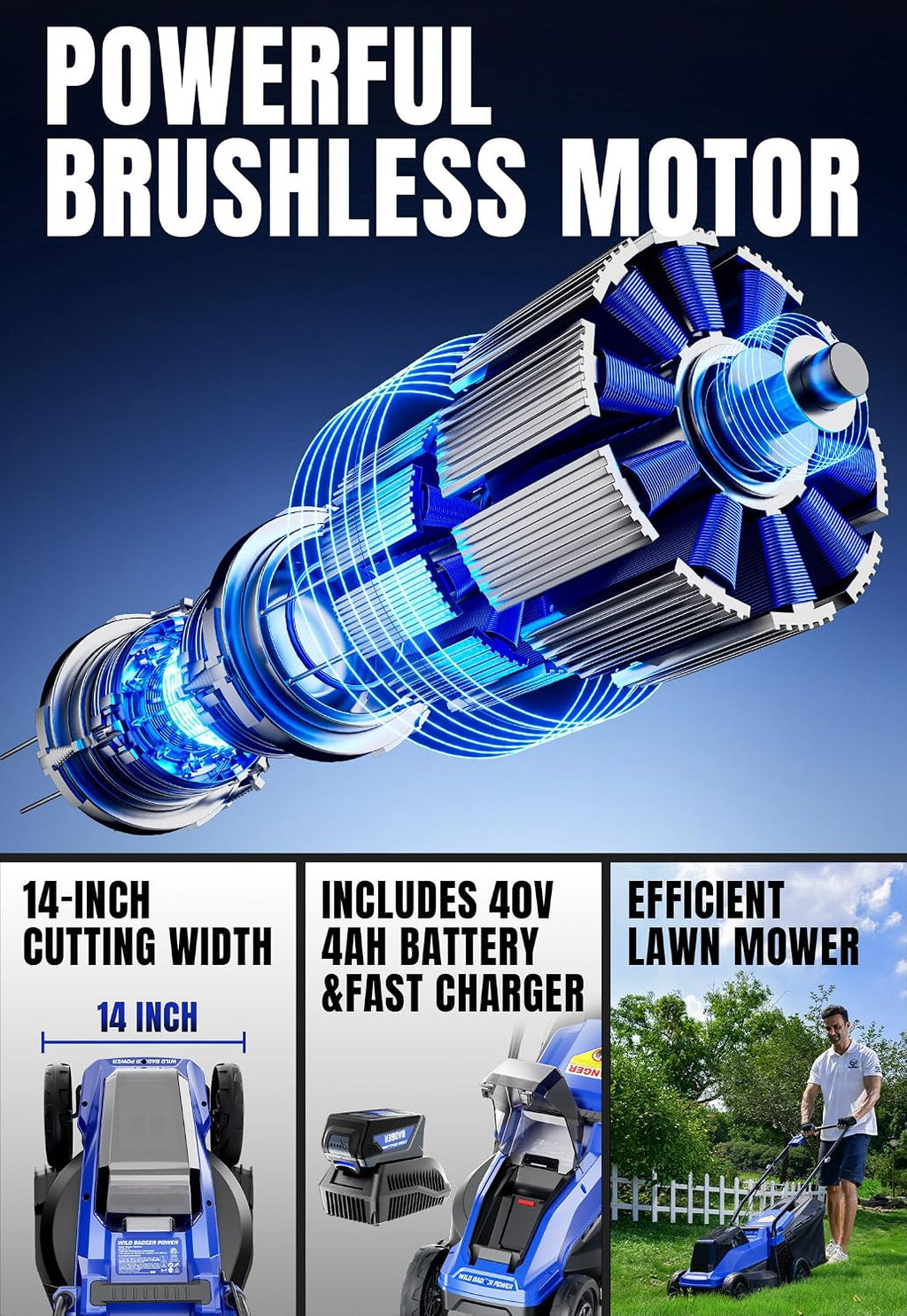 Wild Badger Power 40V 14″ Cordless Lawn Mower Brushless,5,445 sq ft/0.125 ac,1×4.0Ah Battery & Fast Charger, 5-Position Height,for Townhomes & Small Yards