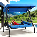 Grepatio 3-Seat Outdoor Porch Swing with Adjustable Canopy, 3 Person Convertible Porch Swing Bed with Stand, Heavy Duty Patio Swing with Cup Holder and Pillows, Cushion for Garden, Poolside (Blue)