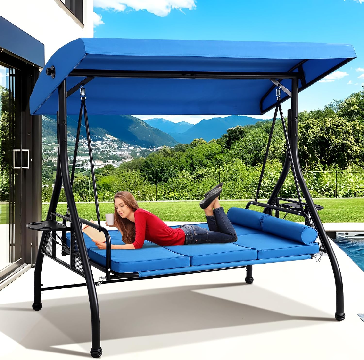 Grepatio 3-Seat Outdoor Porch Swing with Adjustable Canopy, 3 Person Convertible Porch Swing Bed with Stand, Heavy Duty Patio Swing with Cup Holder and Pillows, Cushion for Garden, Poolside (Blue)