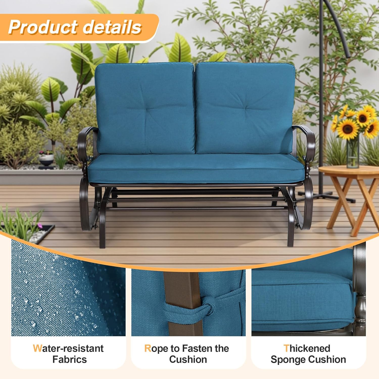 Incbruce Outdoor Glider Rocking Chair Patio Glider Bench for 2 Person, Porch Loveseat Seating Patio Steel Frame Chair Set with Cushion for Porch, Patio, Garden (Blue)
